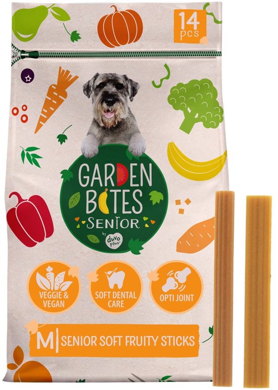 Verpakking met hondensnacks, met een Schnauzer erop. 14 stuks, veggie & vegan, soft dental care, opti joint.