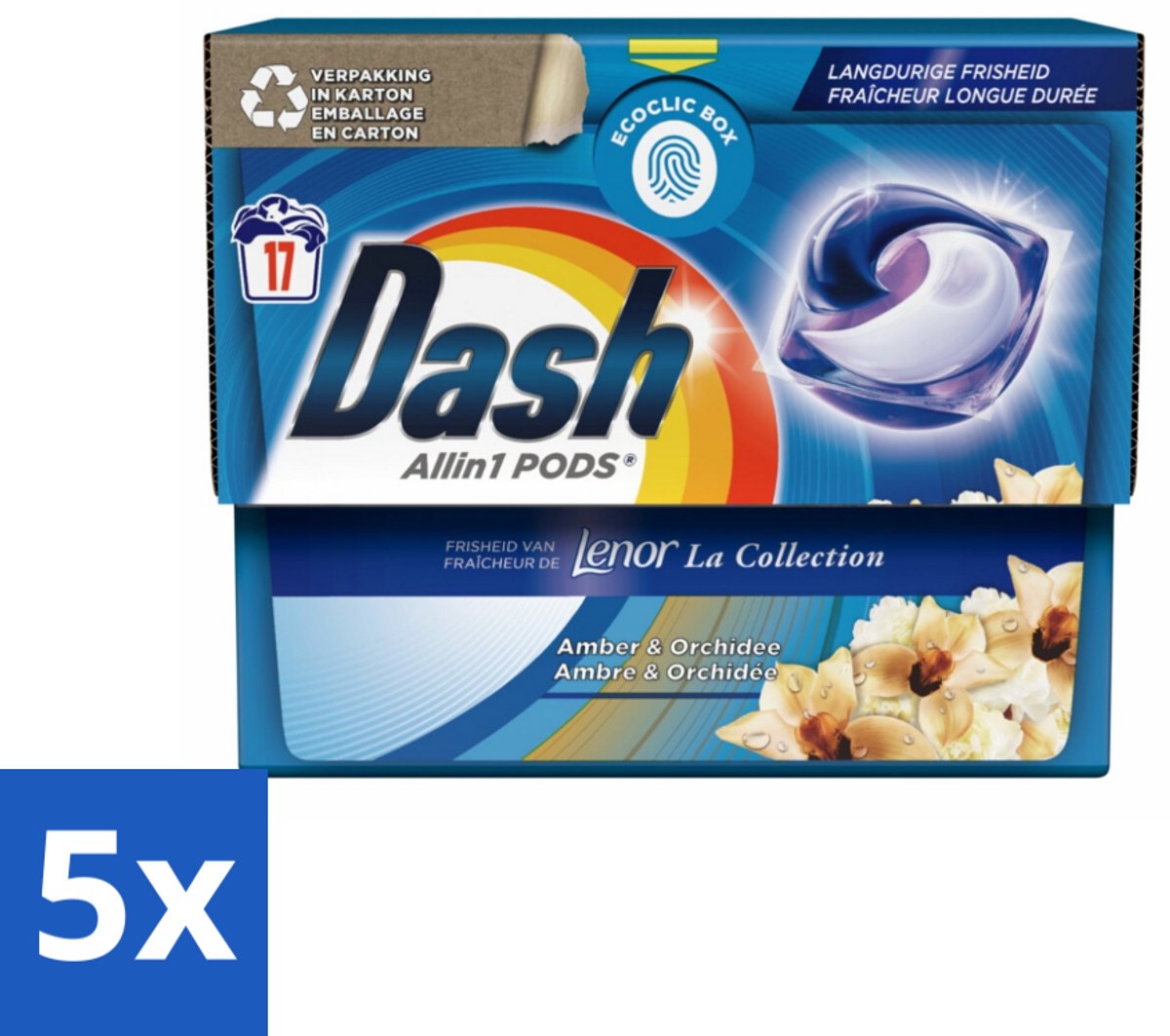 5 x Dash - Lenor Collectie - Wasmiddel Capsules - All-in-1 Pods - Witte en Gekleurde Was - Amber & Orchidee - 17 Wasbeurten - Wasmiddel Capsules - Wasbeurt - Vlekverwijdering - Geur - Wasmachine