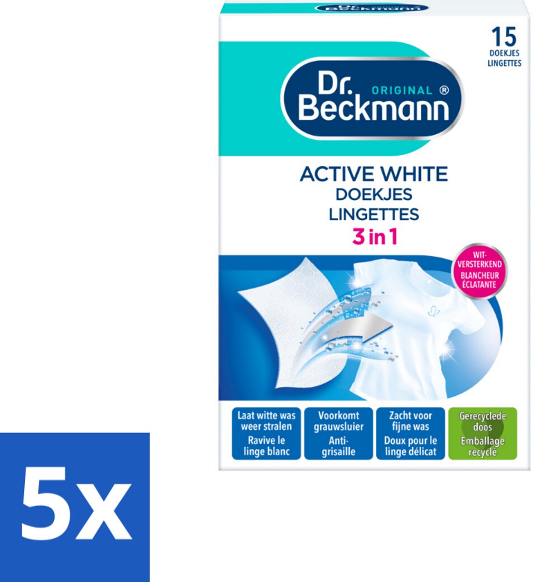 5 x Dr. Beckmann - Kleurverzorging - Active White - Witte Was - 15 Doekjes - Witwas - Grauwsluier Verwijderen - Witte Was Herstellen - Actieve Witmaker - Was Reinigen