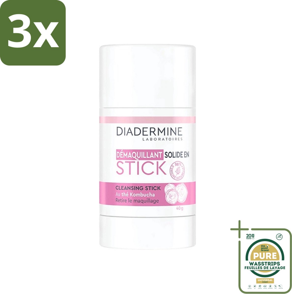 3 x Diadermine - Essential Care - Cleansing Stick - Kombucha - 40g - Grootverpakking - Huid Reinigen - Huid Verzorgen - Kombucha Thee - Huid Reinigingsstick - Natuurlijke Huidverzorging