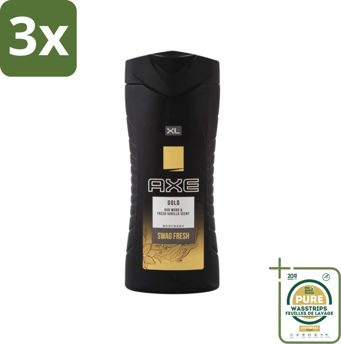 3 x Axe XL - Douchegel - Gold - Oud Wood & Fresh Vanilla - Swag Fresh - 400 ml - Grootverpakking - Douchegel - Geur - Frisheid - Oud Hout - Verse Vanille