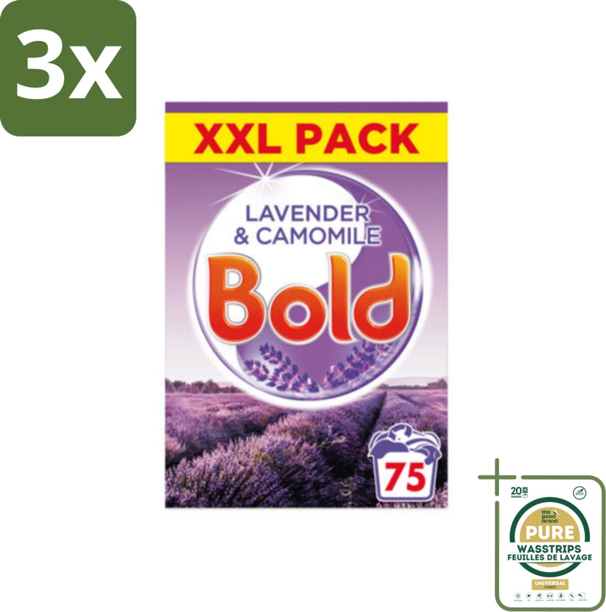 3 x BOLD - Waspoeder - 2 in 1 - Lavendel en Kamille - 75 Wasbeurten - Grootverpakking - Waspoeder - Waspoeder 2 In 1 - Waspoeder Lavendel - Waspoeder Kamille - Waspoeder 75 Wasbeurten