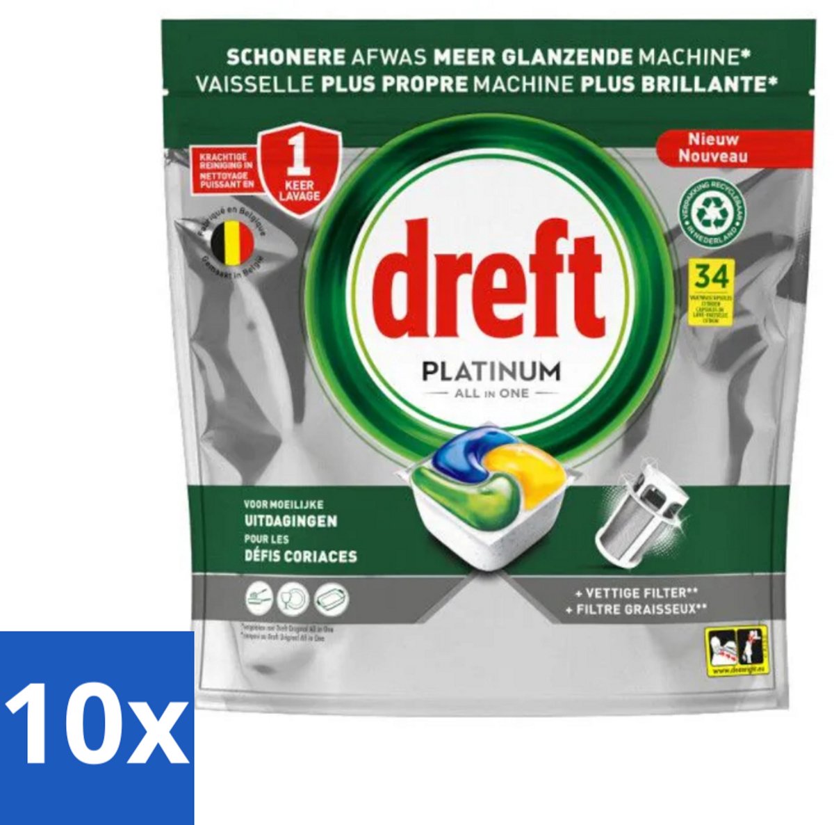 10 x Dreft Platinum - All In One - Vaatwascapsules - Citroen - 34 Afwasbeurten - Vaatwasmiddel - Vaatwascapsule - Citroengeur - Vaatwasser Reinigen - Vetfilter Reinigen