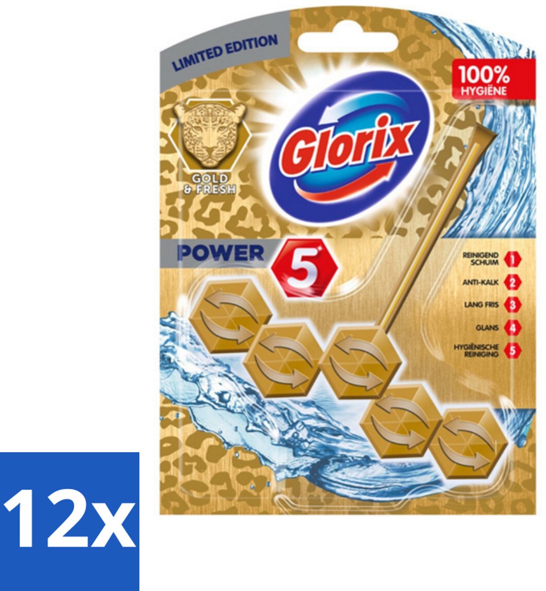 12 x Glorix - Power 5 - Toiletblok - Gold & Fresh - Limited Edition - Langdurige Frisheid - 1 Blok - Toiletblok - Toilet Schoonmaak - Langdurige Frisheid - Anti-kalk - Luxe Geur