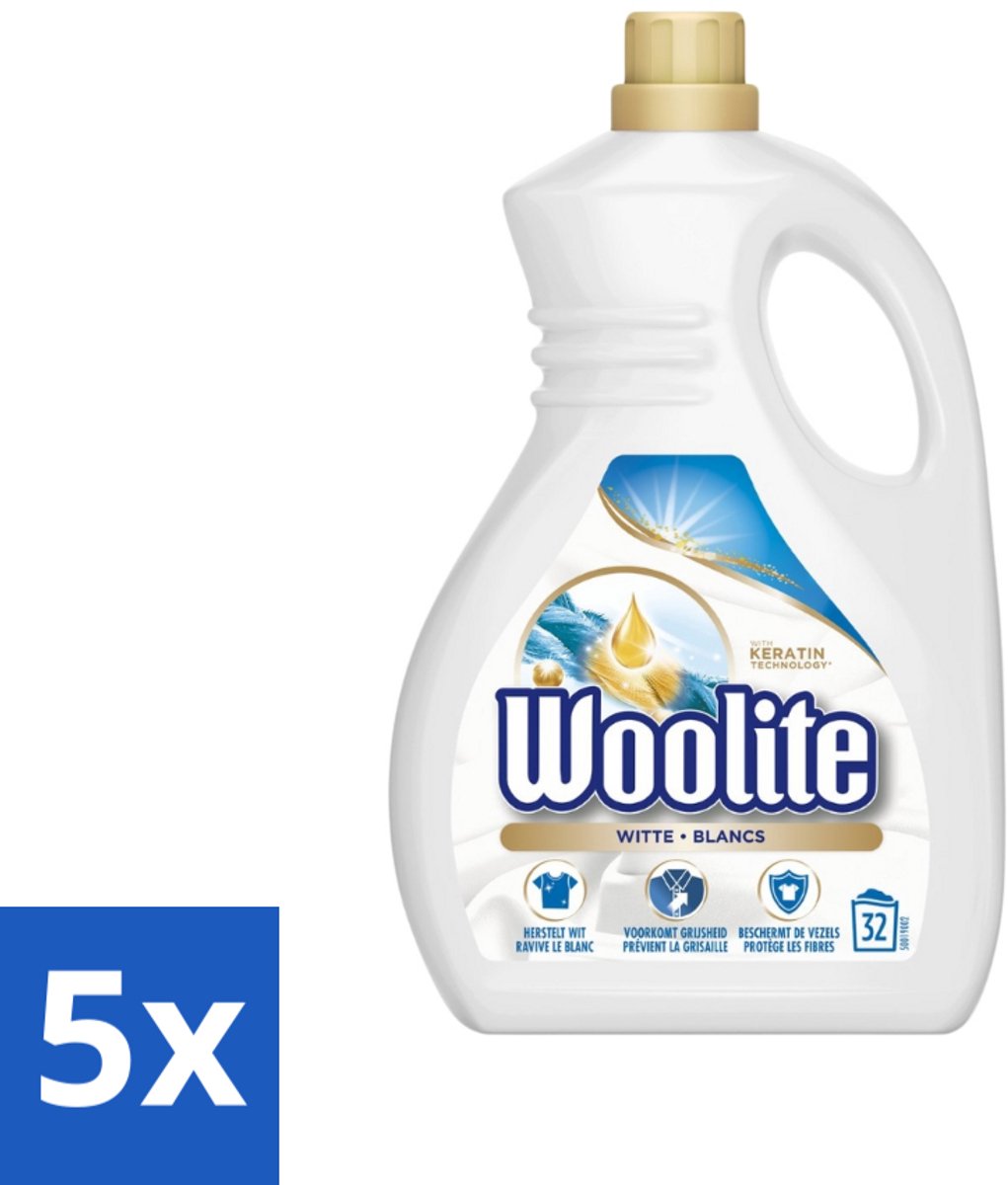 5 x Woolite White - Vloeibaar Wasmiddel - Met Keratine - Witte Was - 32 Wasbeurten - 1,9L - Wasmiddel Wit - Keratine Wasmiddel - Witte Was - Witte Kleding - Wasbeurten