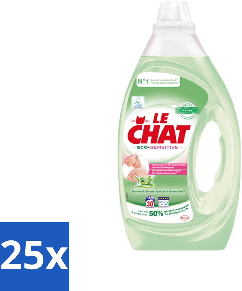 25 x Le Chat Eco-Sensitive - Vloeibaar Wasmiddel - Witte en Gekleurde Was - Aloë Vera & Groene Thee - 30 Wasbeurten - Eco-gevoelig Wasmiddel - Gevoelige Huid - Wasmiddel Gel - Duurzame Was - Wasmiddel Voor Gekleurde Was