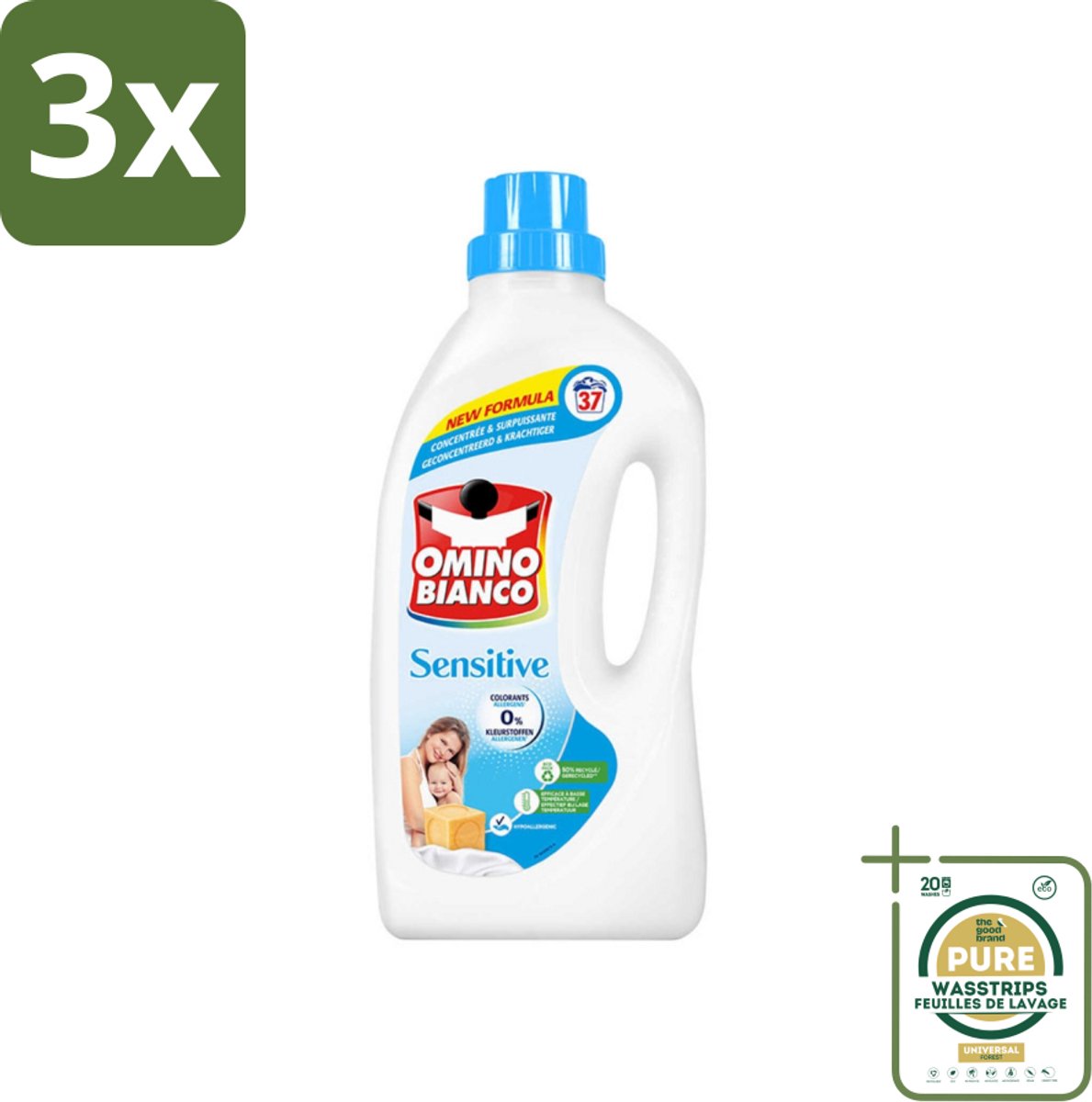 3 x Omino Bianco - Gevoelig - Wasmiddel - Witte & Gekleurde Was - 37 Wasbeurten - Grootverpakking - Gevoelige Huid - Hypoallergene Wasmiddel - Wasmiddel Zonder Allergenen - Wasmiddel Zonder Kleurstof - Huidvriendelijk Wasmiddel