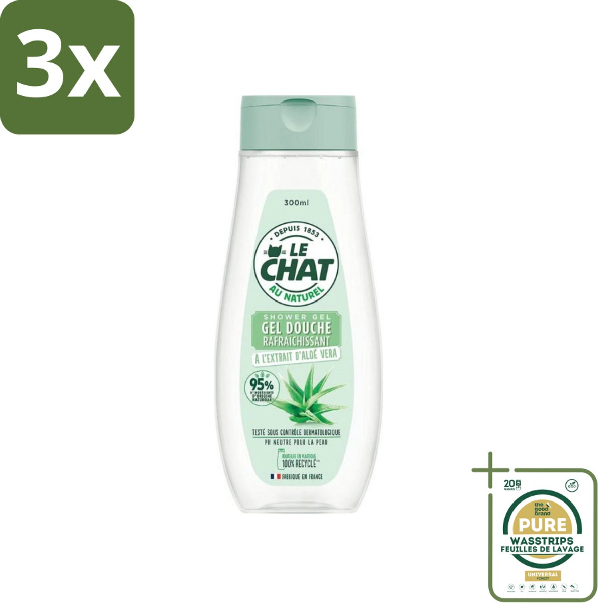 3 x Le Chat - Douchegel - PH Neutraal - Met Extract Van Aloë Vera - Verfrissend - 300 ml - Grootverpakking - Douchegel Aloë Vera - Frisheid Huid - PH Neutraal - Huidverzorging - Dagelijks Gebruik