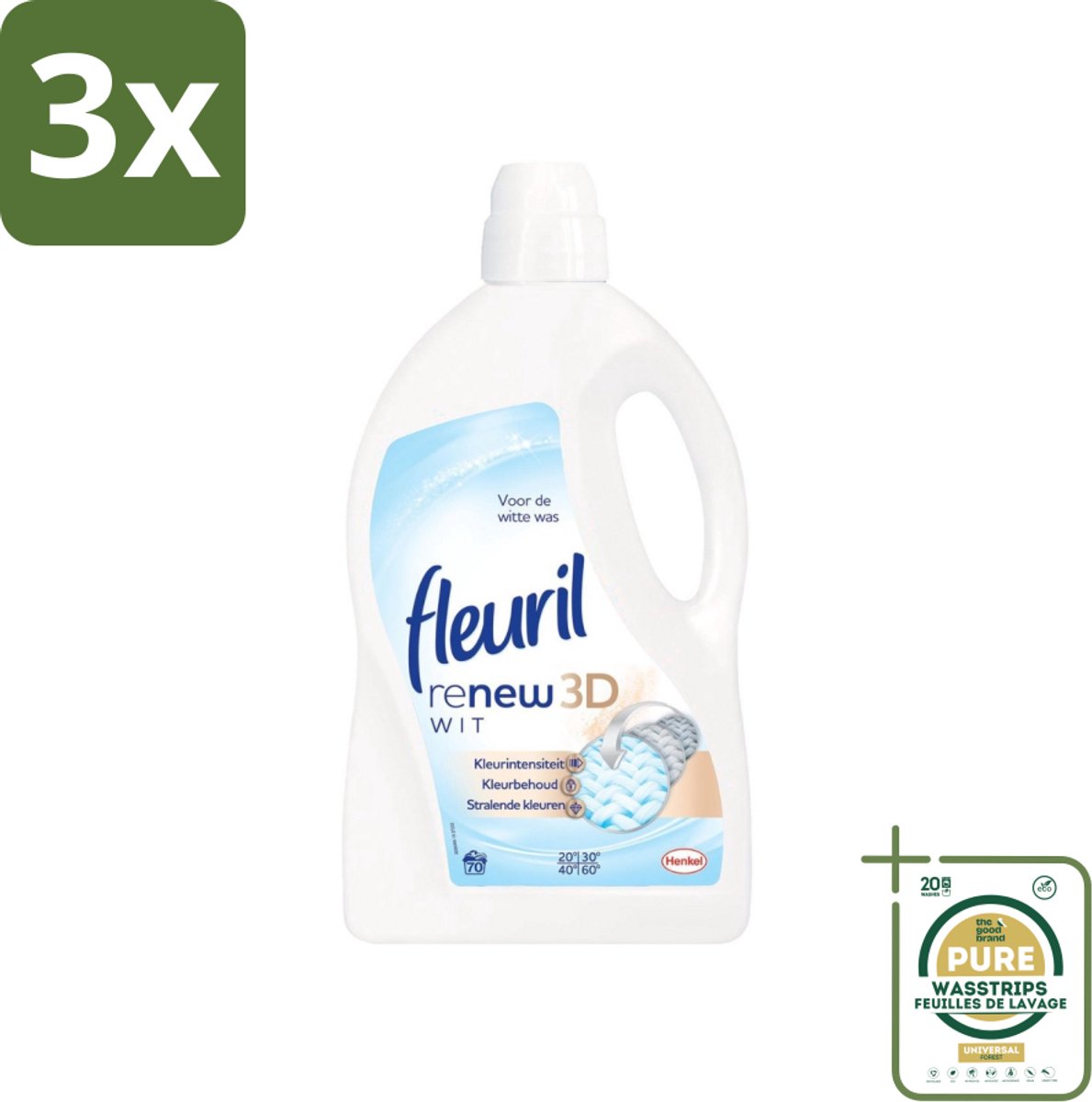 3 x Fleuril - Renew 3D - Vloeibaar Wasmiddel - Witte Was - 70 Wasbeurten - Grootverpakking - Wasmiddel Witte Was - Witte Was - Wasbeurt - Wasmiddel 3D - Kleurbehoud