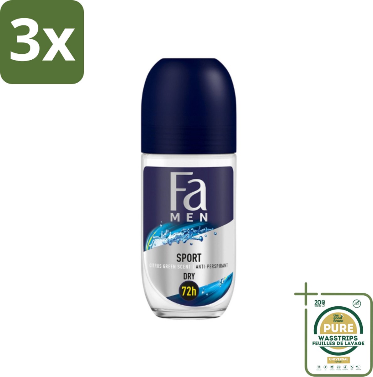 3 x Fa Men - Sport - Deodorant Roller - Citrus Green - 50 ml - Grootverpakking - Sport Deodorant - Citroen Geur - Mannelijke Deodorant - Frisse Geur - Huidbescherming
