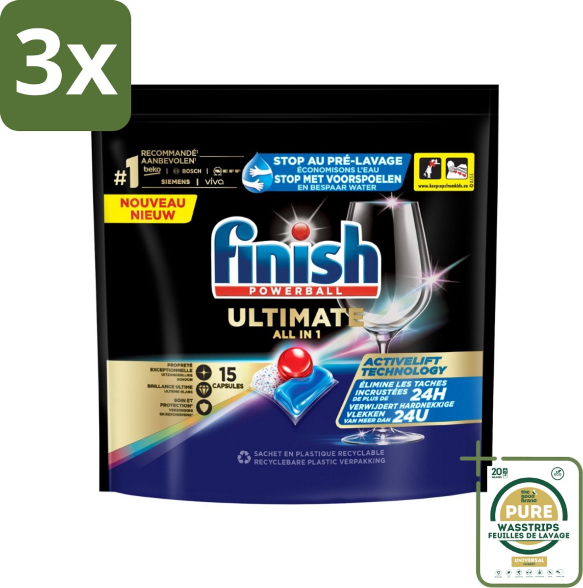 3 x Finish Powerball - Ultimate All in 1 - Vaatwastabletten - Activelift - 15 Capsules - Grootverpakking - Vaatwastabletten - Activelift - Reiniging - Glans - Vaatwassen