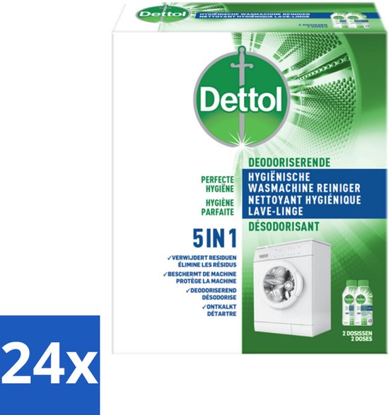 Nettoyant hygiénique désodorisant pour lave-linge Dettol, formule 5-en-1, élimine les résidus, protège la machine, détartre. Paquet de 2 doses.