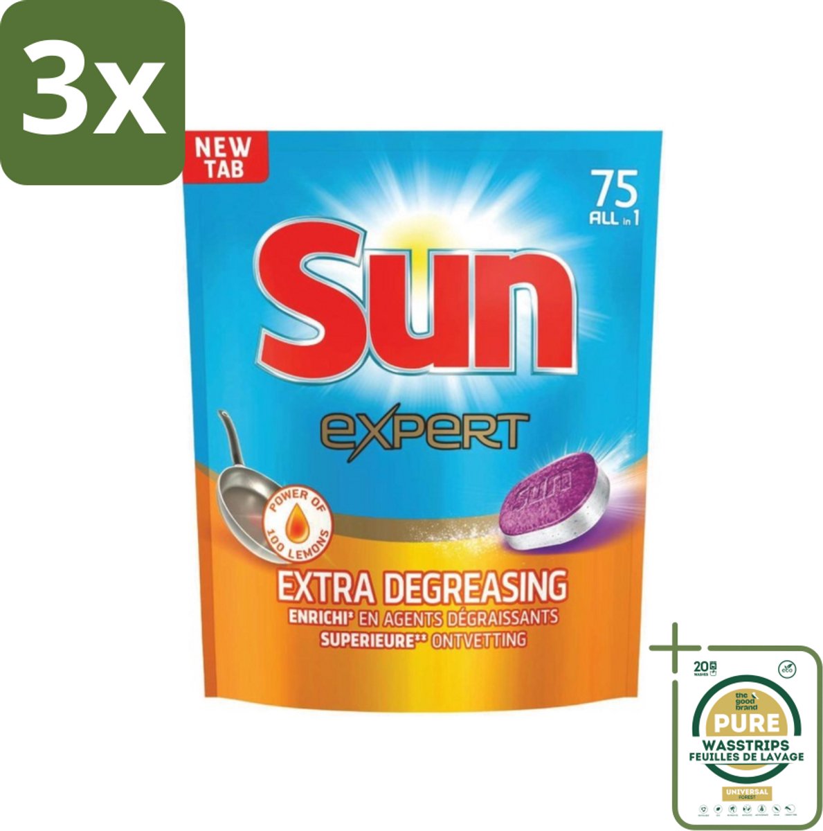3 x Sun Expert - All-in-1 - Vaatwastabletten - Extra Ontvettend - 75 Tabletten - Grootverpakking - Vaatwastabletten - Vaatwasmiddel - Ontvetting - Vaatwasser - Vaat Reinigen