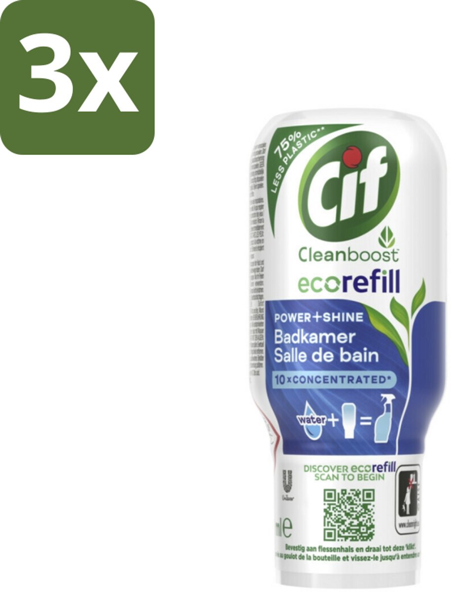 3 x Cif Eco Refill - Power & Shine - Badkamerreiniger - Spray - 70 ml - Badkamerreiniger - Ecorefill - Herbruikbare Reiniger - Milieuvriendelijke Reiniger - Krachtige Badkamerreiniger
