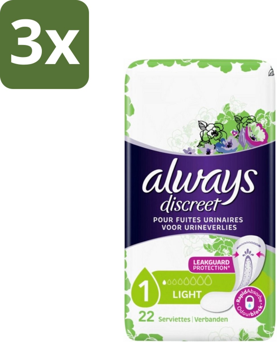3 x Always Discreet - Maandverband - Lichte Bescherming - 22 Maandverbandjes - Maandverband - Menstruatie - Bescherming - Discreet - Comfort