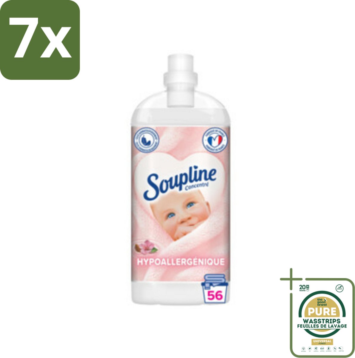 7 x Soupline - Wasverzachter - Hypoallergeen - 56 Wasbeurten - 1350 ml - Grootverpakking - Wasverzachter Hypoallergene - Wasverzachter Amandelmelk - Hypoallergene Wasverzachter - Wasverzachter Voor Gevoelige Huid - Wasverzachter Voor Baby En Kind