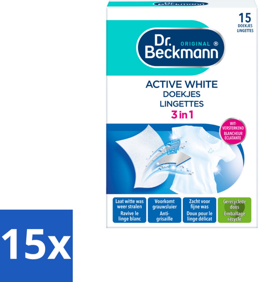 15 x Dr. Beckmann - Kleurverzorging - Active White - Witte Was - 15 Doekjes - Witwas - Grauwsluier Verwijderen - Witte Was Herstellen - Actieve Witmaker - Was Reinigen
