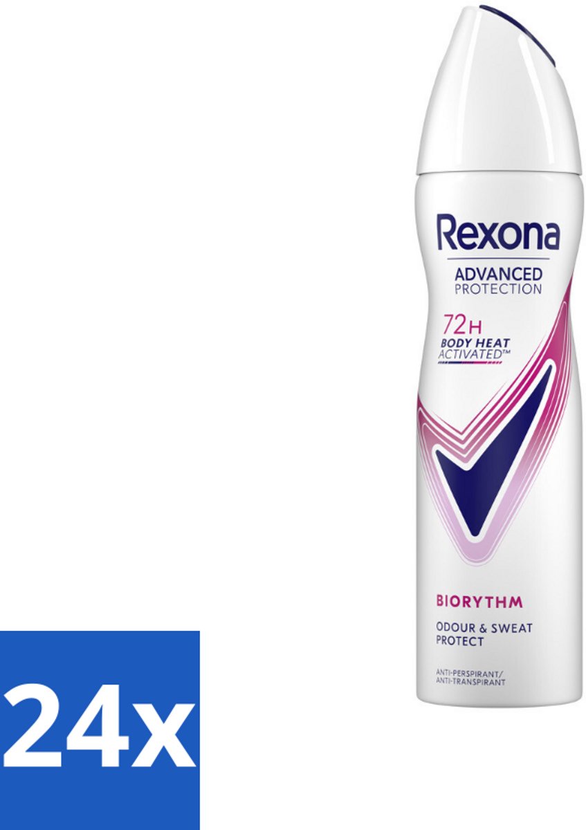24 x Rexona - Deodorant Spray - Advanced Protection - Biorythm - Anti-Transpirant & Perspirant - 150ml - 72 Uur Bescherming - Anti-transpirant - Deodorant - Rexona - Biorythm