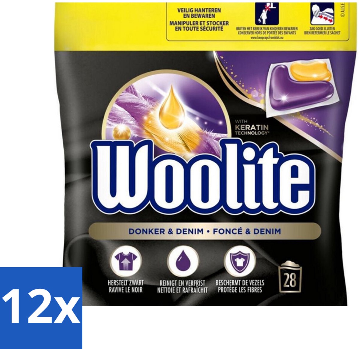 12 x Woolite Dark - Wasmiddelcapsules - Met Keratine - Donkere & Denim Was - 28 Wasbeurten - Wasmiddel Capsules - Donkere Kleding - Denim Kleding - Wasmiddel Voor Donkere Kleuren - Wasmiddel Met Keratine