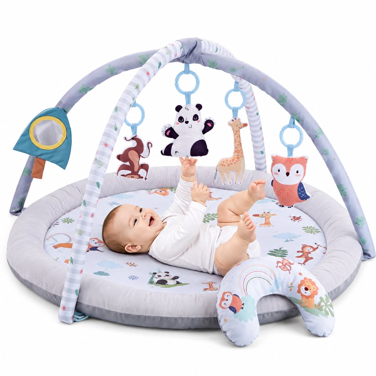 BOTC Babygym met Speelboog – Babyspeelmat 88x88 cm – Zacht Speelkleed met Hangend Speelgoed – Baby Gym 0-18 Maanden – Dierenthema