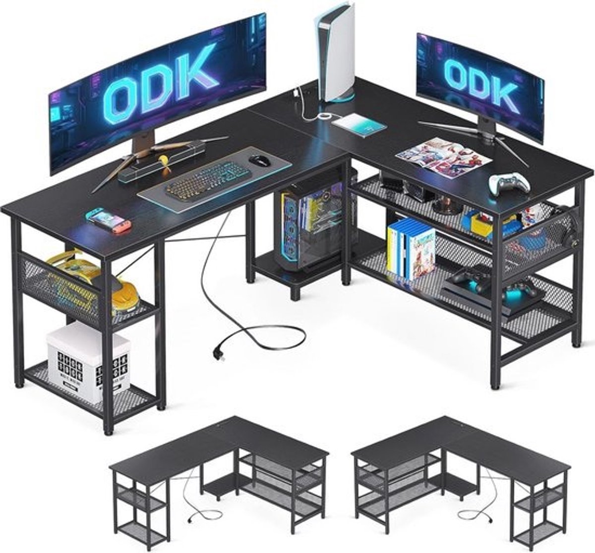 Omkeerbaar Gaming Bureau met Stopcontacten en USB-laadpoorten - Zwart 150 x 102 cm
