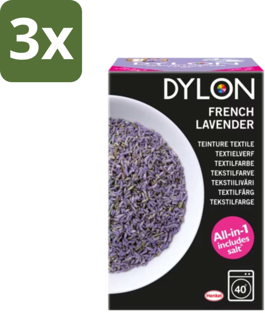 3 x Dylon - Textielverf - French Lavender - All-in-One - Inclusief Zout - 350g - Textielverf - Lavendelkleur - French Lavender - Zout - Stofverf
