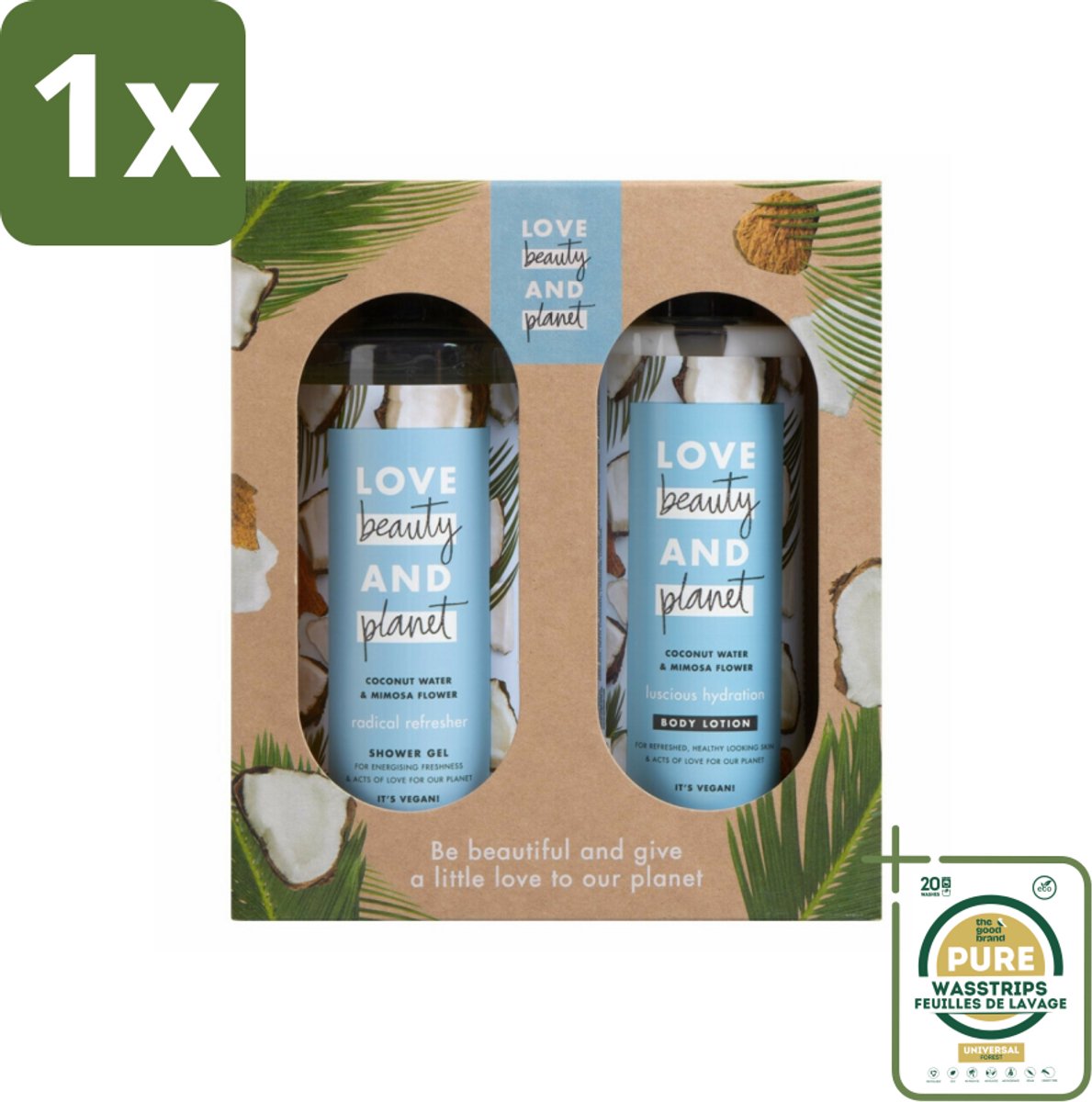 1 x Love Beauty and Planet - Douchegel & Bodylotion - Kokoswater & Mimosabloem - Duo Geschenkset- Kokoswater - Mimosabloem - Vegan Bodylotion - Showergel - Duurzame Verzorging