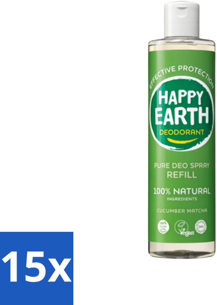 Happy Earth – Deodorant Spray Navulling – 100% Natuurlijk Cucumber Matcha – 300 ml - Bulkverpakking - 15 stuks