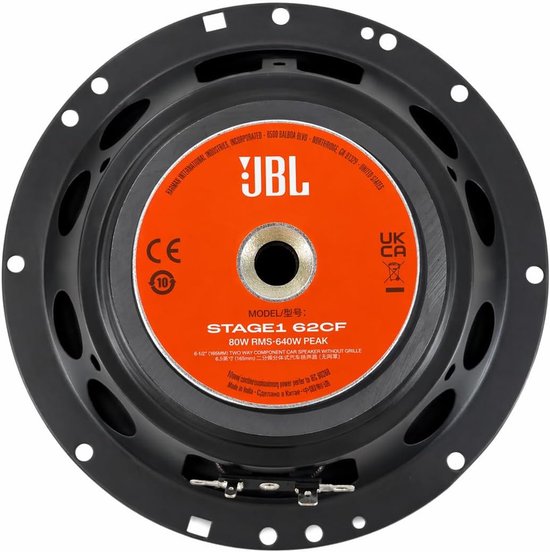 JBL Stage1 62CF 6,5 inch woofer met oranje conus en zwarte rand, met de tekst "STAGE1 62CF 80W RMS-640W PEAK" in het midden.