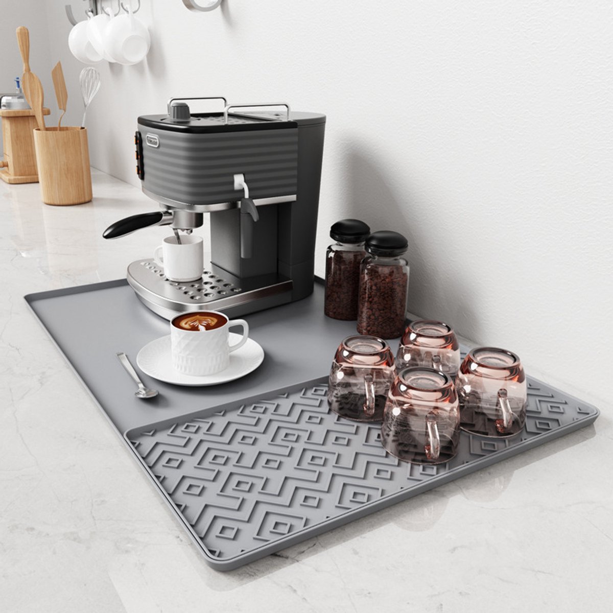 Siliconen Koffiemat Groot – Anti-slip & Hittebestendig Bar Mat met Lekbak, Afdruipmat voor Koffiekopjes, Geschikt voor Bar, Aanrecht en Tafel-Cirkelvormige patronen