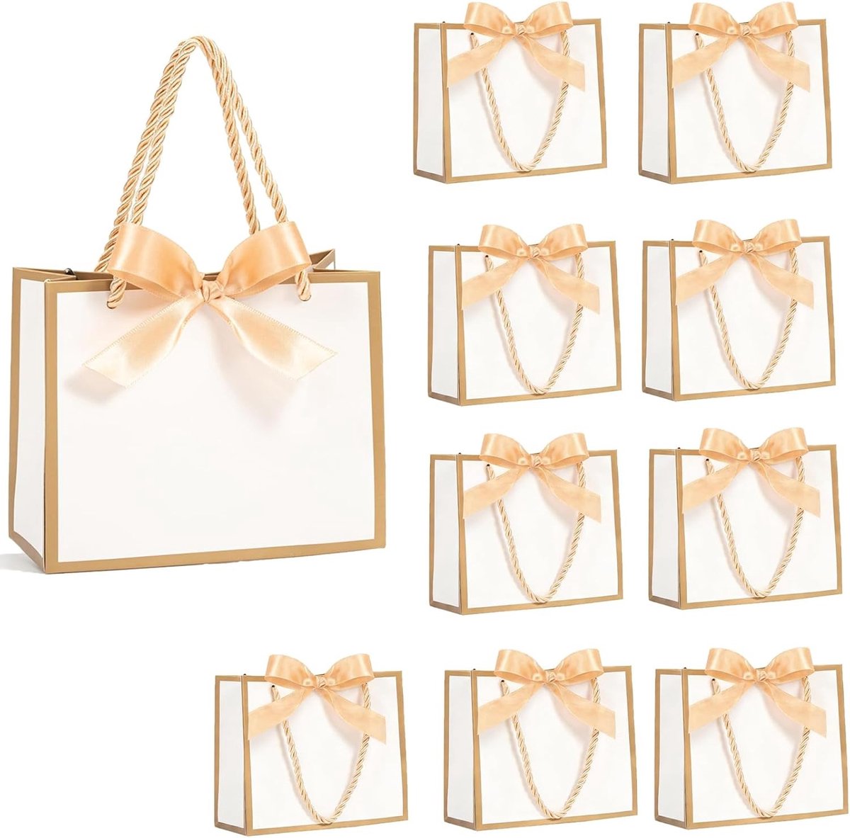 Set van 10 Kleine Cadeautasjes met Strik en Riemen, Crème Wit, Perfect voor Chocolade, Bruidsmeisjes en Feestjes