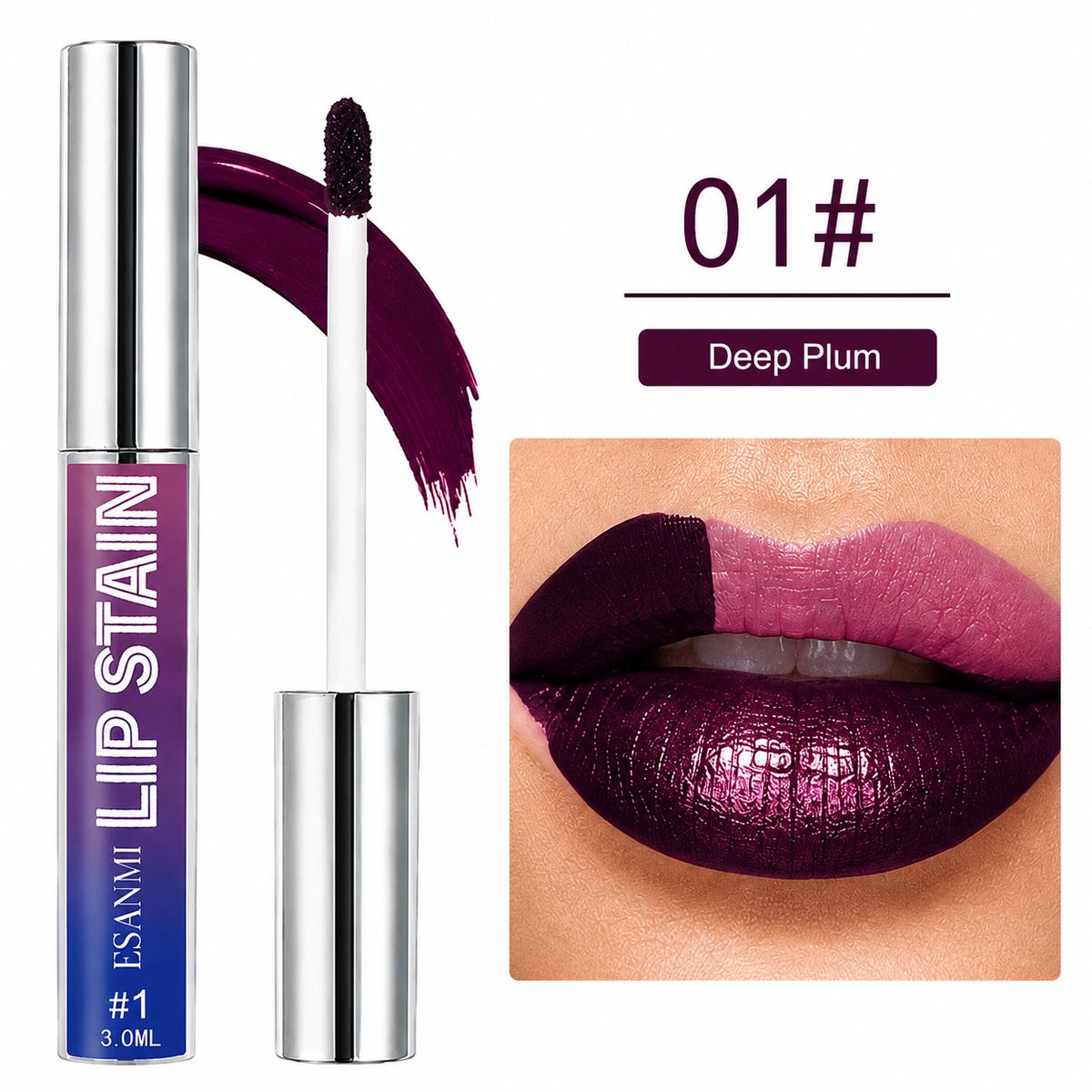 Lip Stain 01# Deep Plum – Matte & Shimmer Lipkleur, Langhoudend en Waterproof