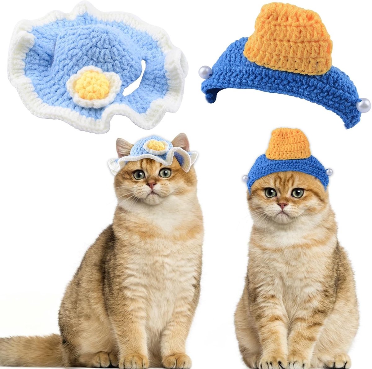 Schattige Gehaakte Muts voor Katten en Honden, 2 Stuks met Parels en Bloemen, Winteraccessoire voor Feestdagen en Kostuums