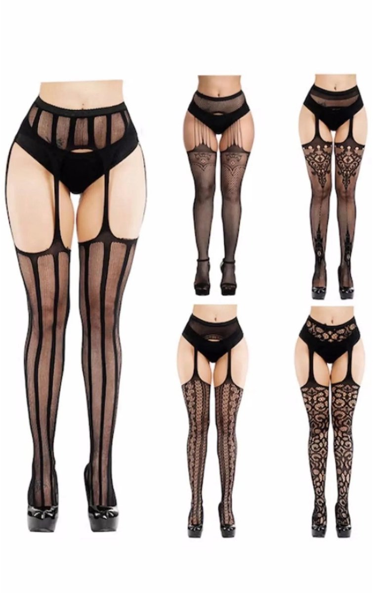 Dames Accessoires - Sokken - Kousen - Hold Up Kousen - Sexy - Set van 5 visnetpanty's met kanten accenten - Langdurig - Zwart - One size - fits all - Nylon en spandex
