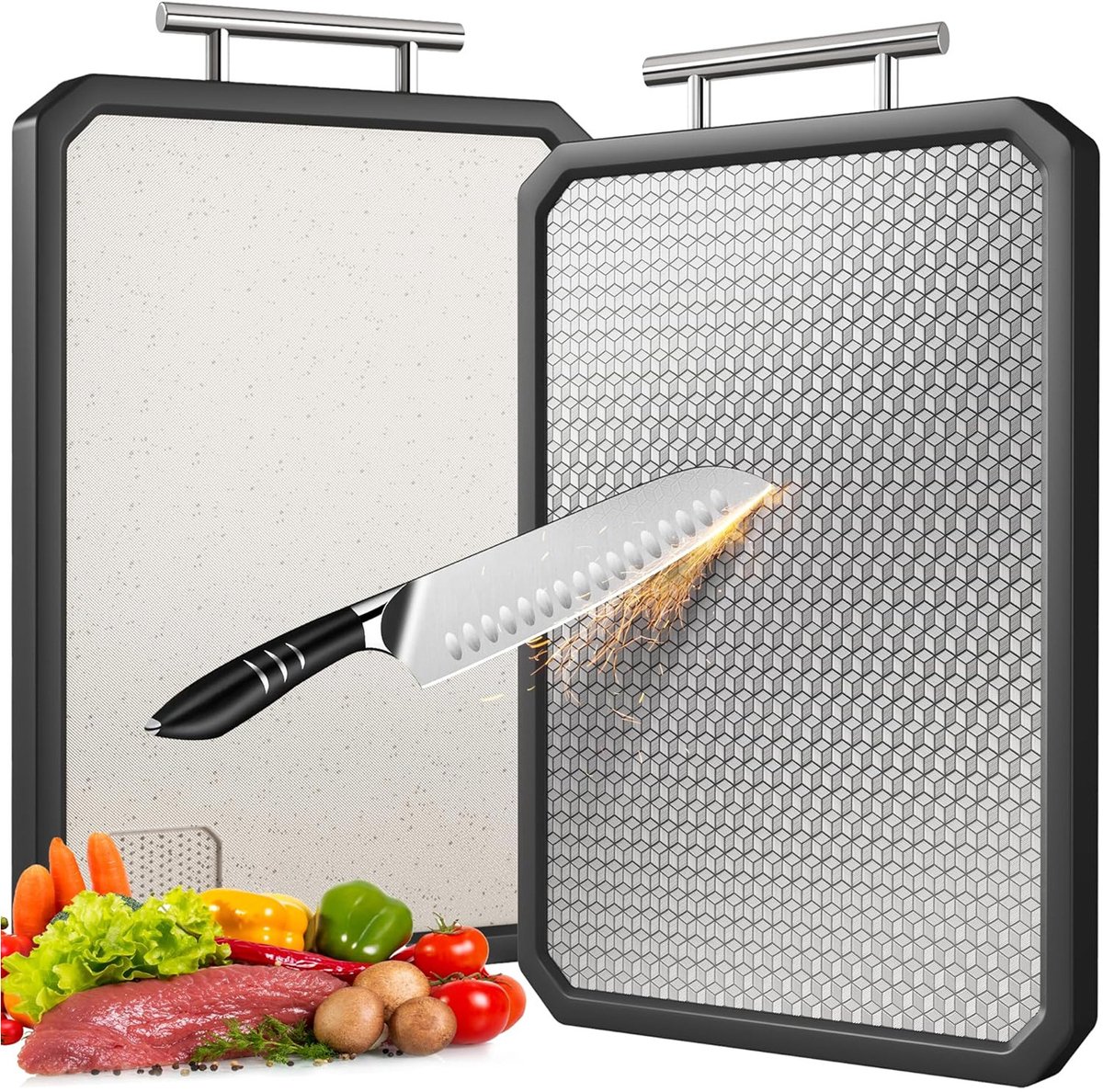 REDOM - Snijplank - Dubbelzijdige Snijplank Voor Vlees Groenten En Fruit - Antislip Met Sapgroef - Keuken - Titanium En Tarwestro - 42 X 28 Cm