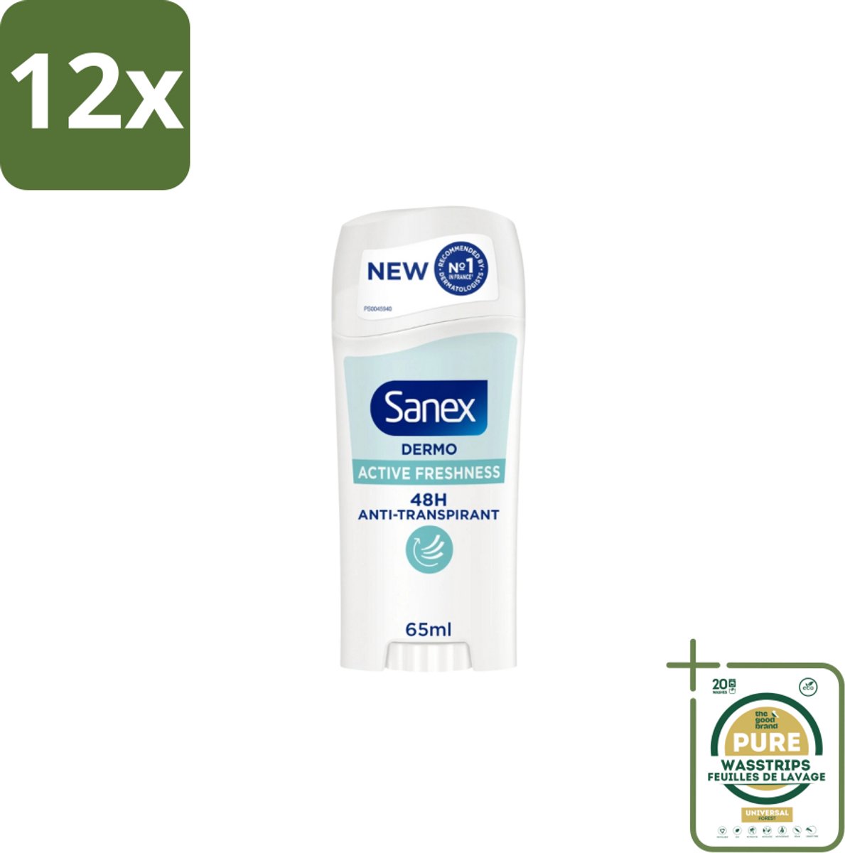 Sanex – Deodorant Stick – Dermo Active Freshness – 65 ml - Voordeelverpakking - 12 stuks - Huidbescherming - Zachte textuur