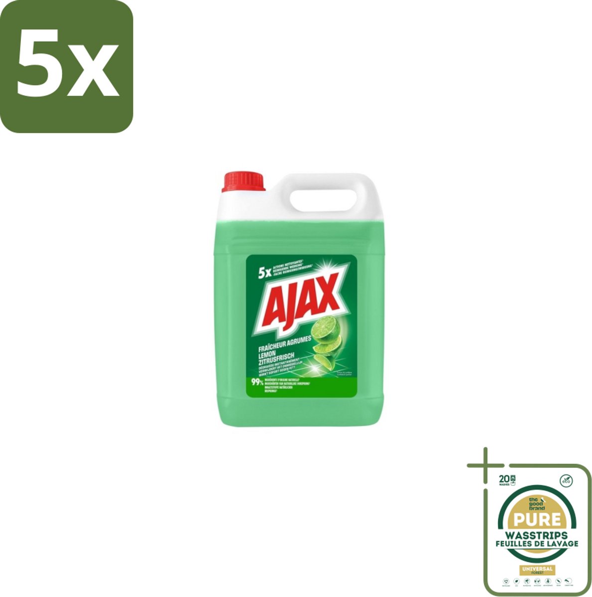 5 x Ajax Allesreiniger Limoen 5 liter - Grootverpakking - Allesreiniger Limoen - Krachtige Reiniger - Vet Verwijderen - Frisse Geur - Biologisch Afbreekbaar