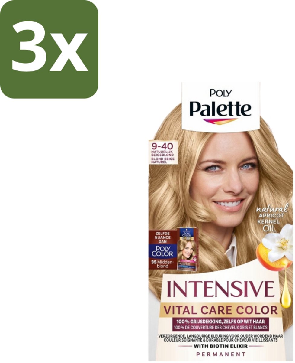 3 x Poly Palette – Haarverf – 9-40 Natuurlijk Beigeblond – 115 ml - Natuurlijk Blond - Beigeblond - Grijsdekking - Haarverzorging - Haarversterking