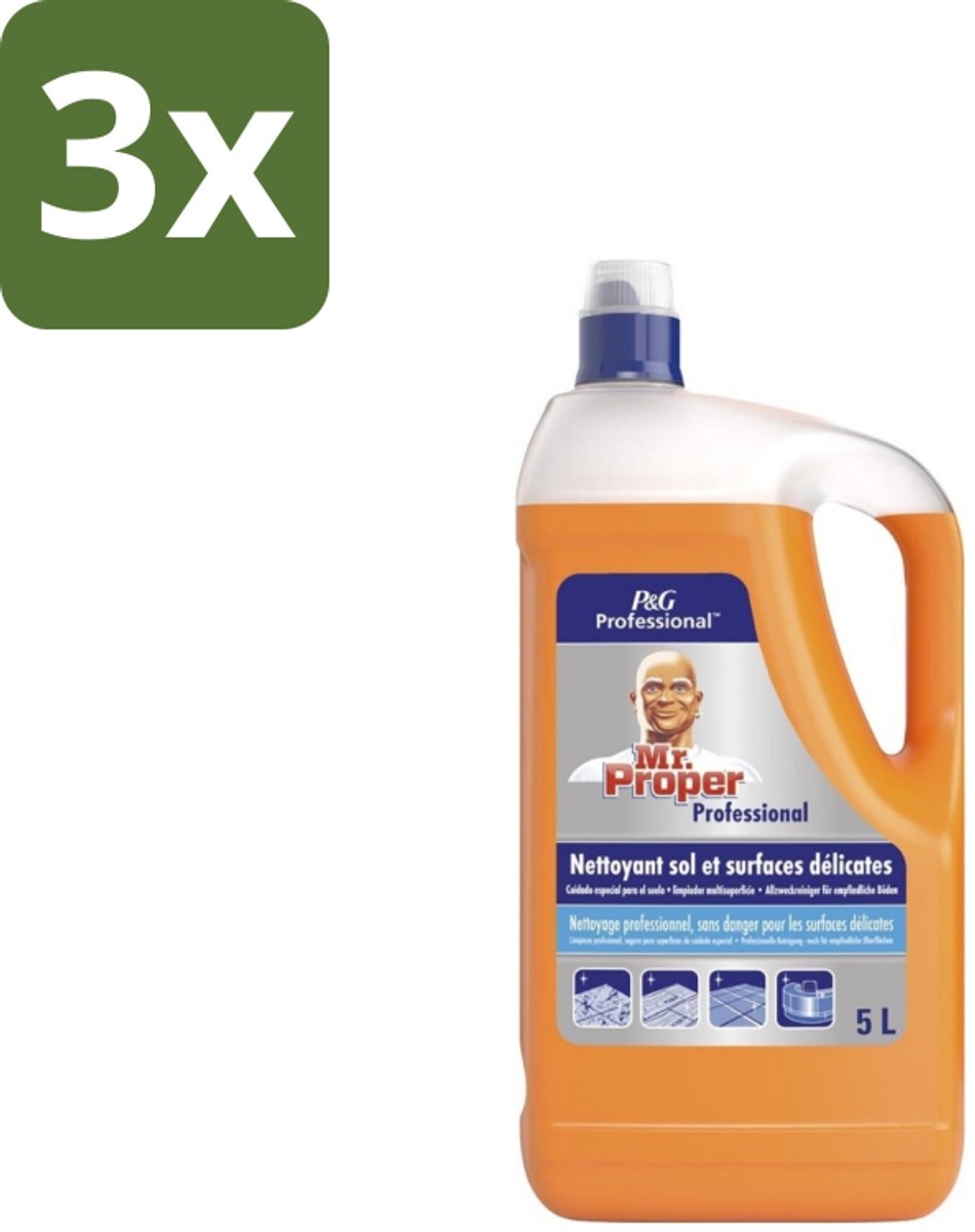 3 x Mr. Proper – Allesreiniger – Professional Delicate – 5 L - Allesreiniger - Vet Verwijderen - Vuil Verwijderen - Vlek Verwijderen - Hygiëne