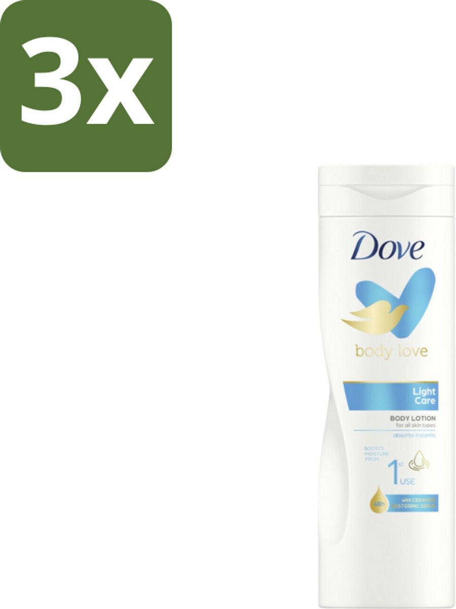 3 x Dove – Bodylotion – Body Love Light Care – Ceramide Restoring Serum – 400 ml - Luchtige Lichaamsoorzaak - Huidverzorging - Hydratatie - Ceramide Serum - Droge Huid