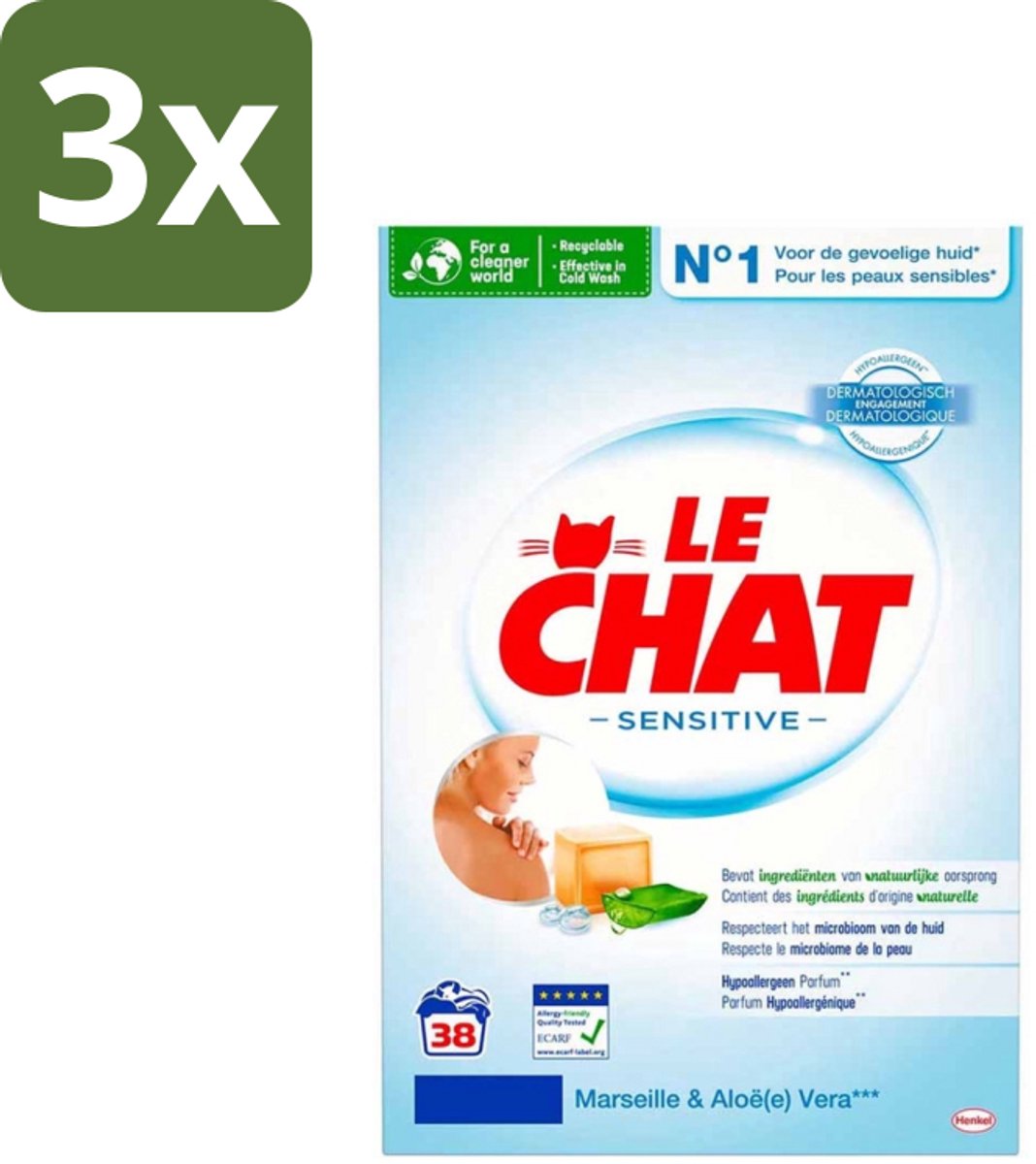 3 x Le Chat – Waspoeder – Sensitive Marseille & Aloe Vera – 38 wasbeurten – 2,28 kg - Waspoeder - Hypoallergisch - Huidvriendelijk - Marseillezeep - Aloë Vera