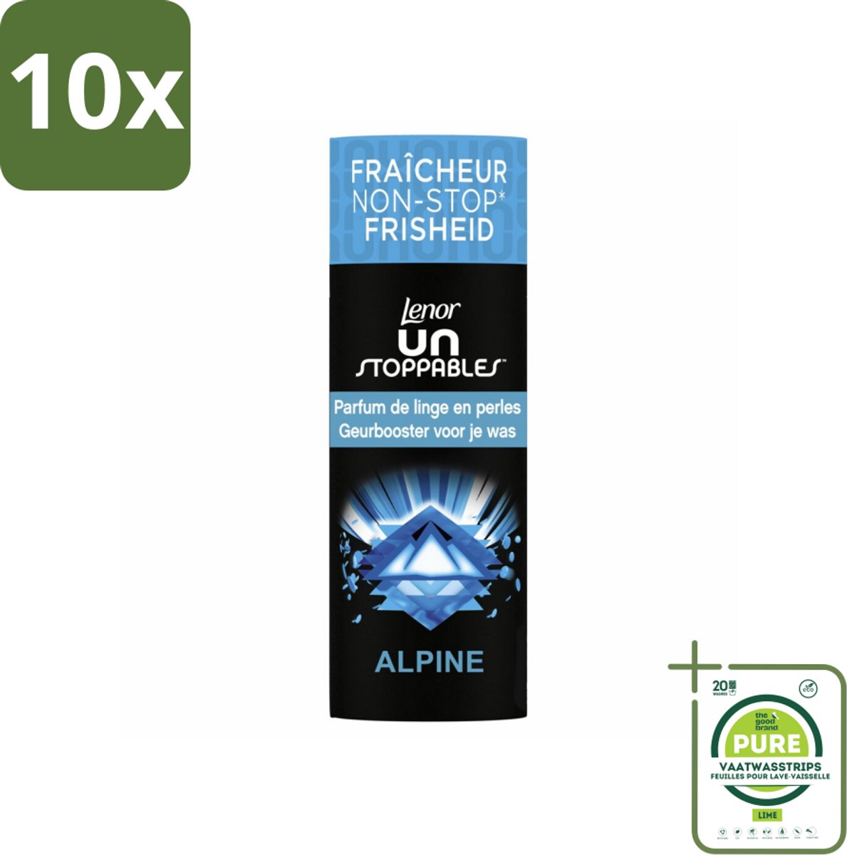 10 x Lenor Unstoppables – Geurbooster – Alpine – 19 Wasbeurten – 235 g - Grootverpakking - Geurbooster Wasgoed - Frisheid Wasgoed - Citrus Geur - Bloemen Geur - Kruiden Geur