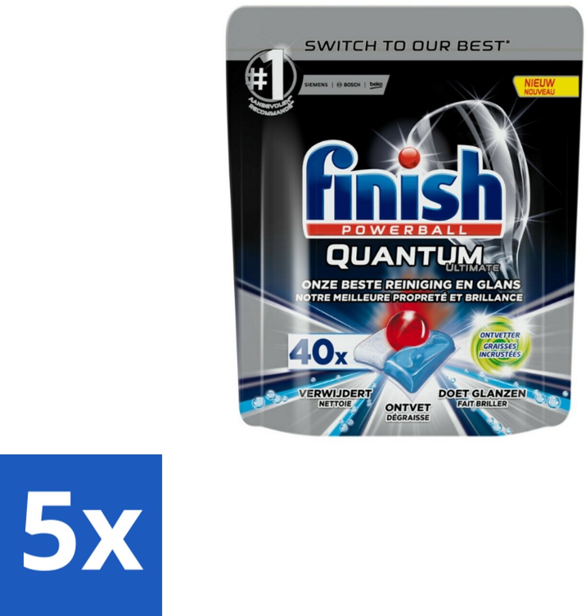 Finish – Vaatwastabletten – Quantum Ultimate Ontvetter – 40 Capsules - Bulkverpakking - 5 stuks