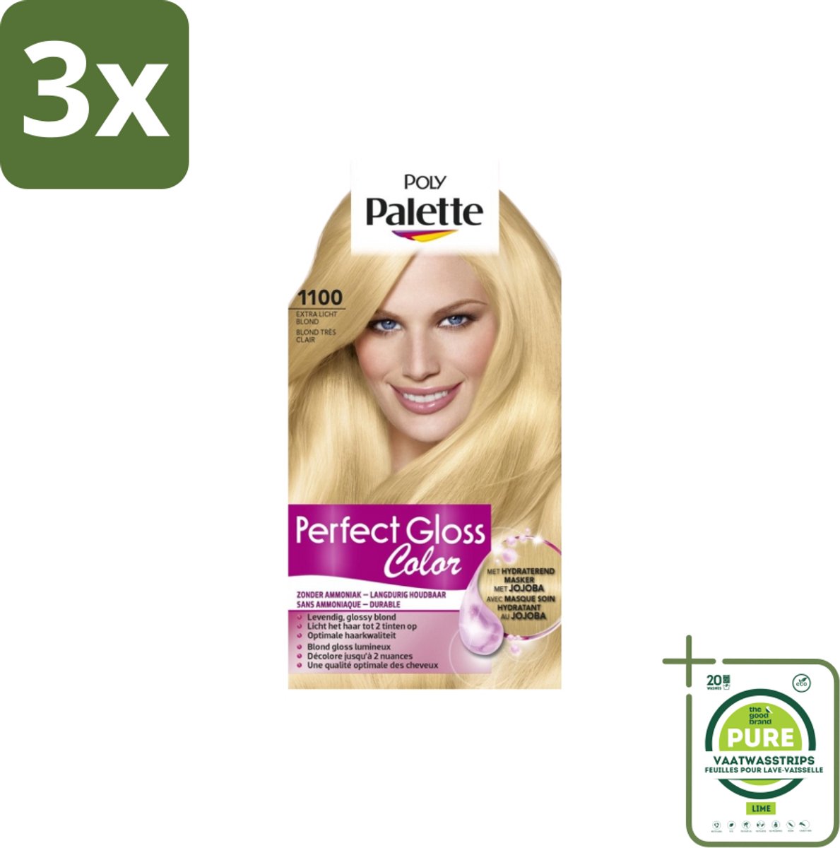 3 x Poly Palette – Haarverf – 1100 Extra Licht Blond – 115 ml - Grootverpakking - Semi-permanente Haarkleuring - Glanskleur - Haarkleur - Haarkleuringsmasker - Jojoba Masker