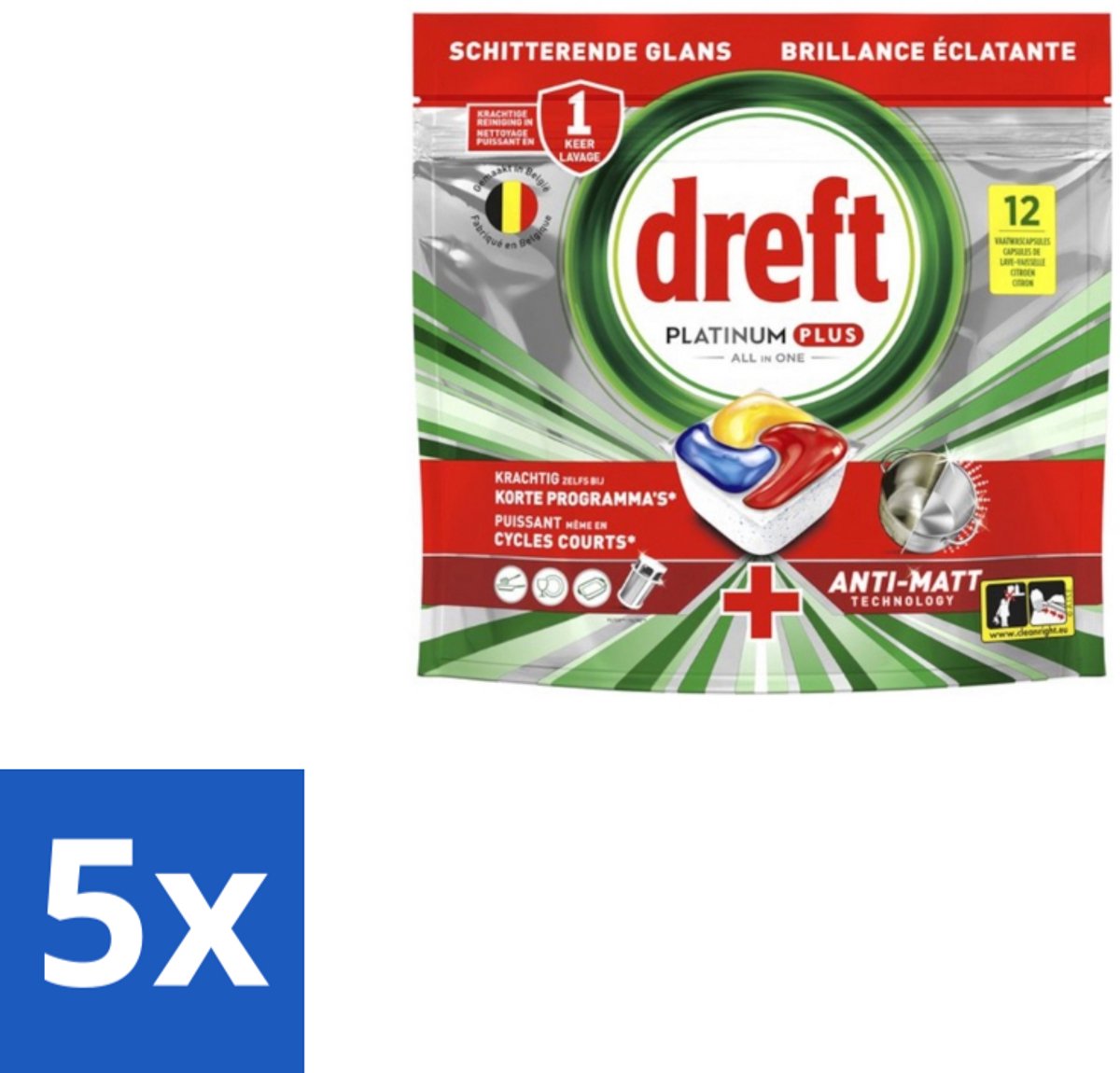 5 x Dreft – Vaatwastabletten – Platinum Plus All-in-One – Lemon – 12 Tabletten - Vaatwasmiddelen - Vaatwastabletten - Anti-dofheid - Vaatwasmiddelen Lemon - Vaatwasmiddelen Anti-matt