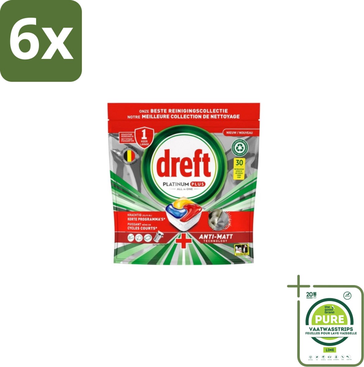 Dreft – Vaatwastabletten – Platinum Plus All-in-One – Original – 30 Tabletten - Voordeelverpakking - 6 stuks - Vaatwastabletten - Anti-dofheid