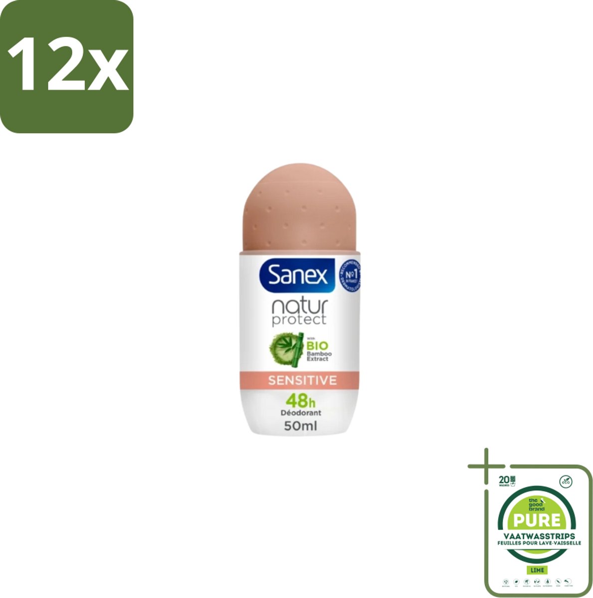 Sanex – Deodorant Roll-On – Natur Protect Sensitive – 50 ml - Voordeelverpakking - 12 stuks - Gevoelige huid - Deodorant roll-on