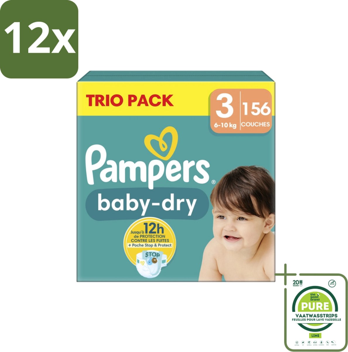 Pampers – Luiers – Baby-Dry Trio Pack Maat 3 (6-10 kg) – 156 Luiers - Voordeelverpakking - 12 stuks - Baby luiers - Droge luiers