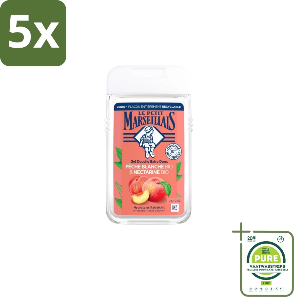 5 x Le Petit Marseillais – Douchegel – Pêche Blanche & Nectarine Bio – 250 ml - Grootverpakking - Douchegel - Biologische Douchegel - Perzik En Nectarine - Fruitige Geur - Zachte Reiniging