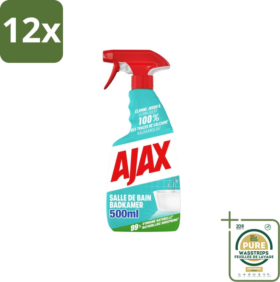 Ajax – Badkamer Spray – 500 ml - Voordeelverpakking - 12 stuks - Zeepresten verwijderen - Badkamer schoonmaken